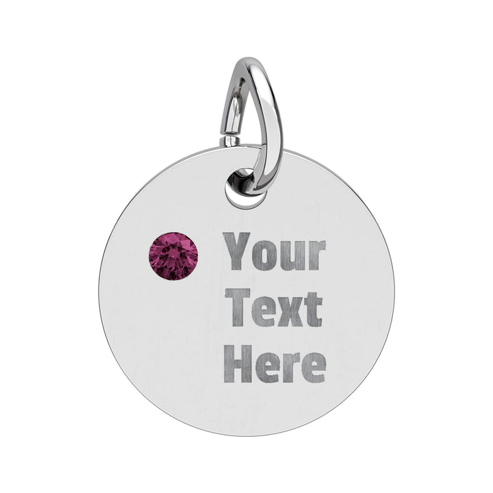 Engraved birthstone circle charm from Printify, showcasing a personalized design with a colorful birthstone accent.