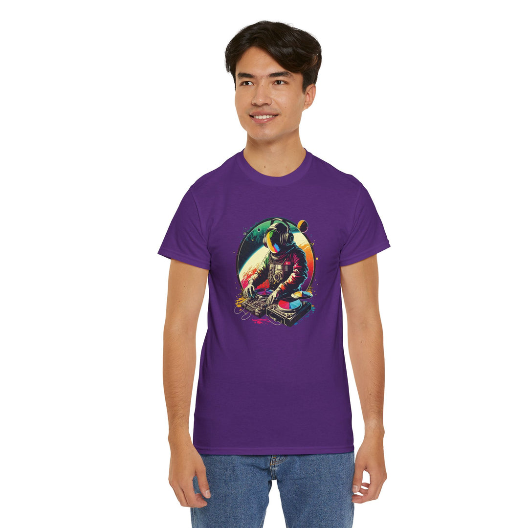 Cosmic DJ Astronaut graphic T-shirt featuring a space-themed astronaut design on a casual printify T-shirt.