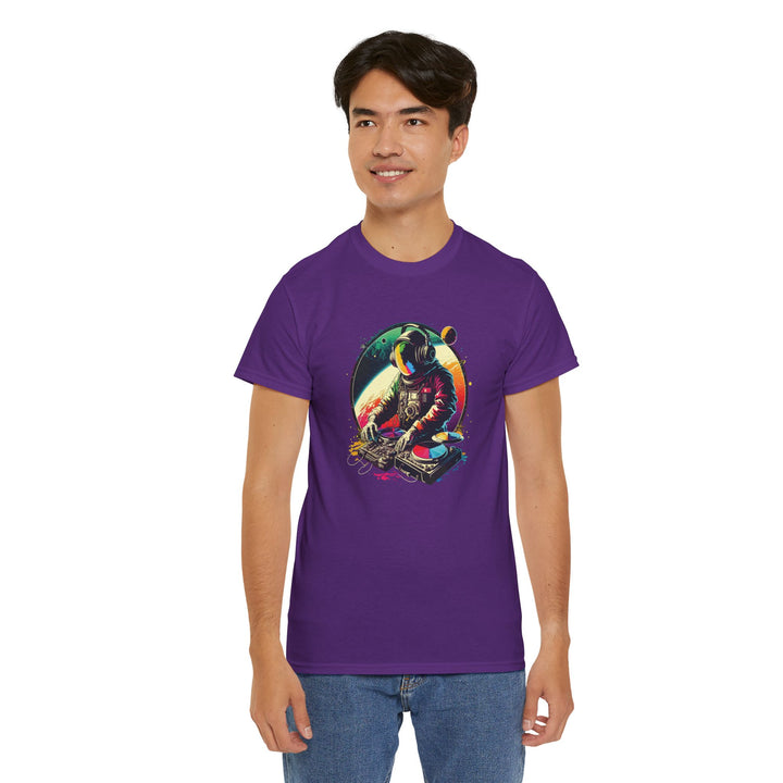 Cosmic DJ Astronaut graphic T-shirt featuring a space-themed astronaut design on a casual printify T-shirt.