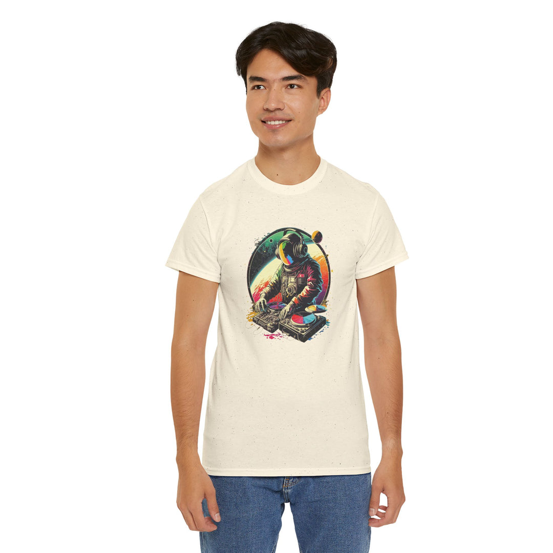 Cosmic DJ Astronaut graphic T-shirt by Printify featuring a space-themed design with an astronaut and musical elements.