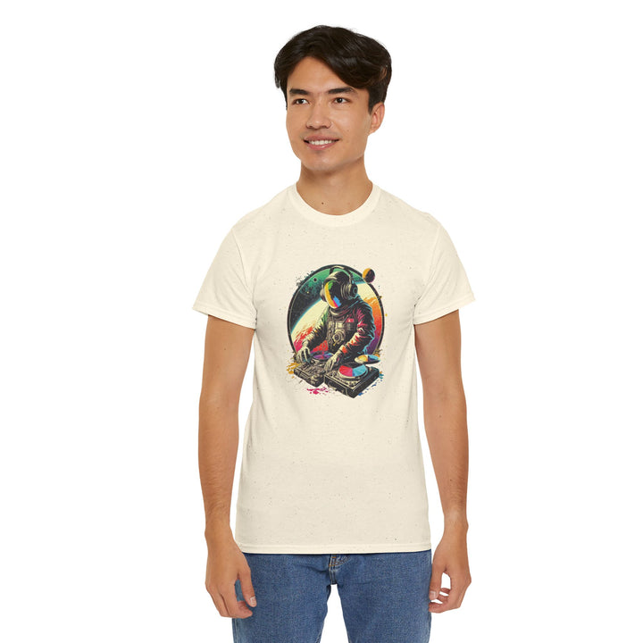 Cosmic DJ Astronaut graphic T-shirt by Printify featuring a space-themed design with an astronaut and musical elements.