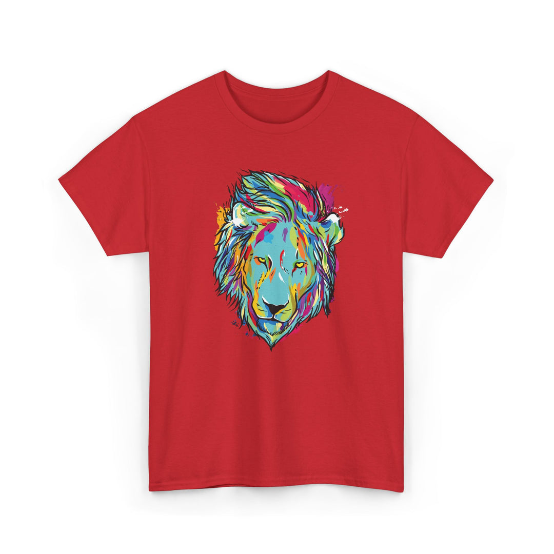 Color Splash Lion Graphic T-Shirt by Printify featuring a vibrant lion design on a comfortable cotton tee.
