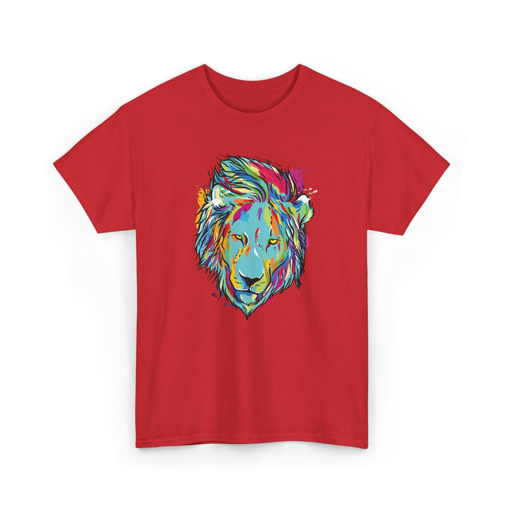 Color Splash Lion Graphic T-Shirt by Printify featuring a vibrant lion design on a comfortable cotton tee.