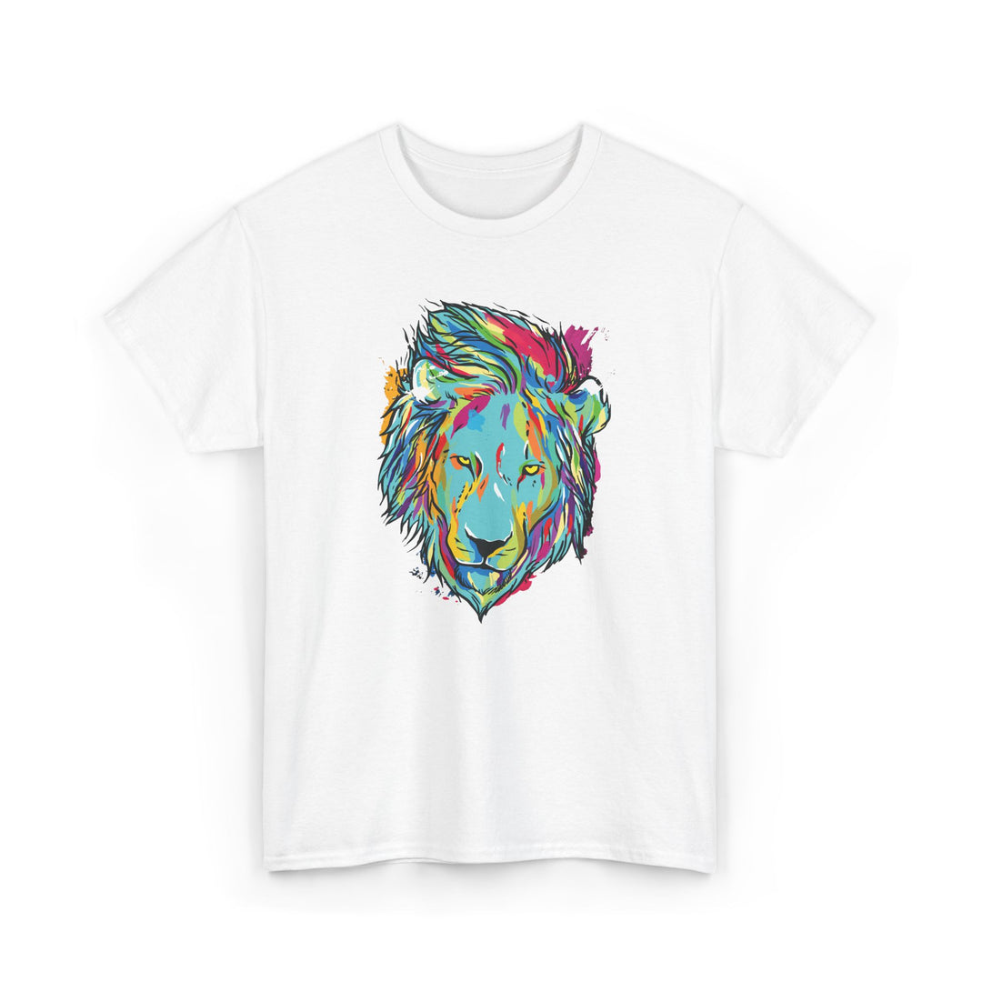 Color Splash Lion graphic t-shirt by Printify featuring a vibrant lion design on soft fabric.