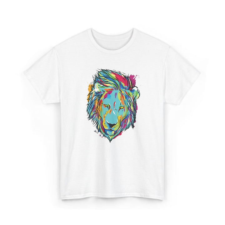 Color Splash Lion graphic t-shirt by Printify featuring a vibrant lion design on soft fabric.
