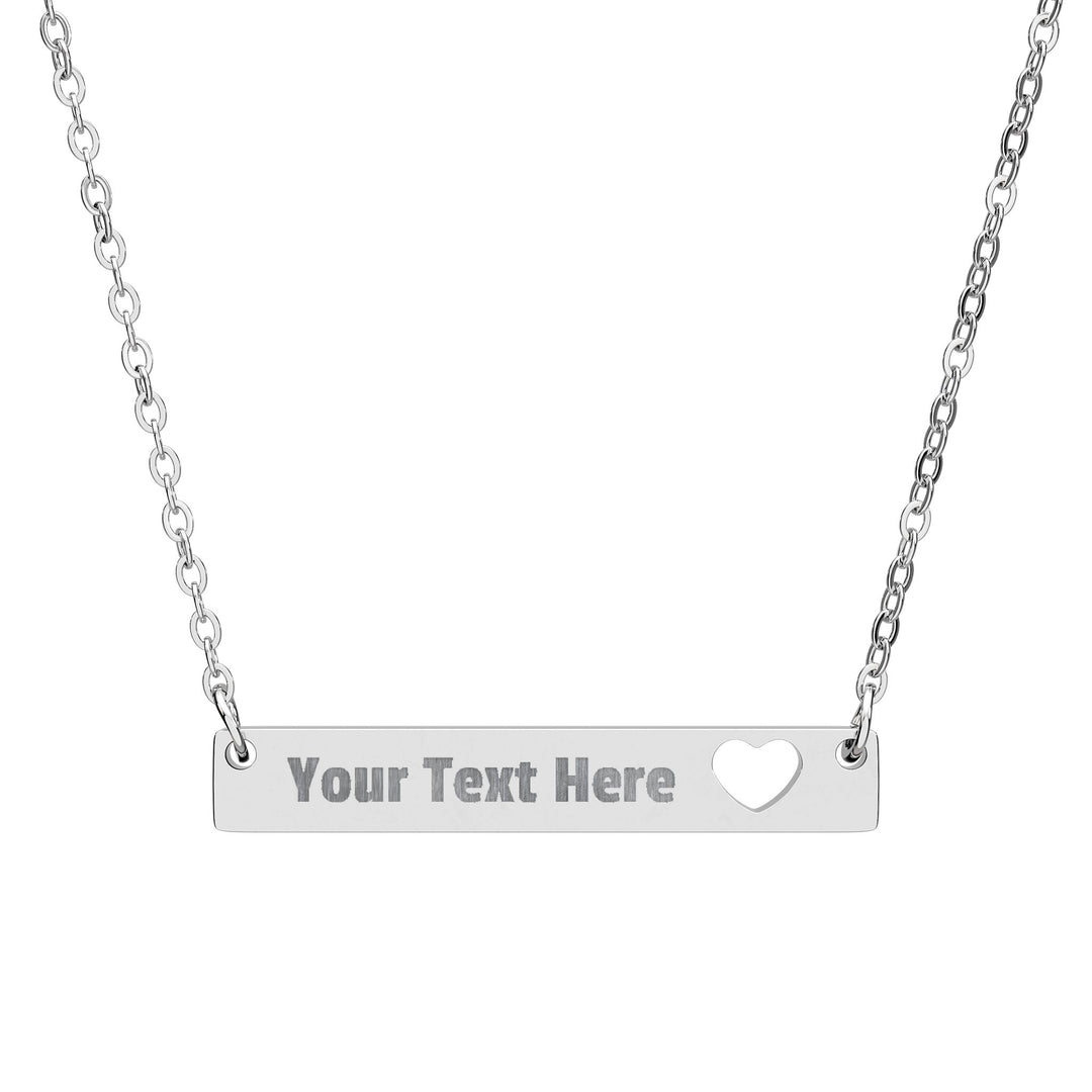 Engraved cutout heart bar necklace from Printify, showcasing a sleek silver accessory with personalized engraved details.
