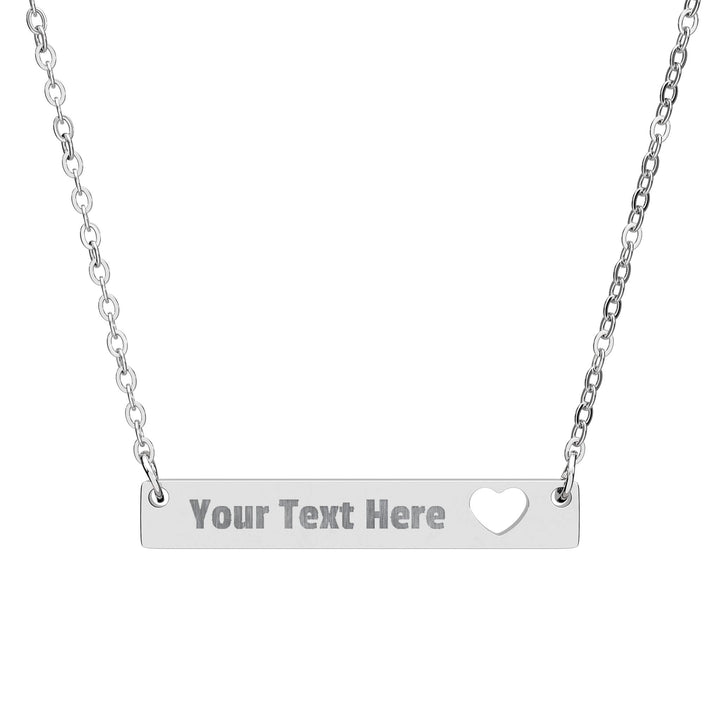 Engraved cutout heart bar necklace from Printify, showcasing a sleek silver accessory with personalized engraved details.
