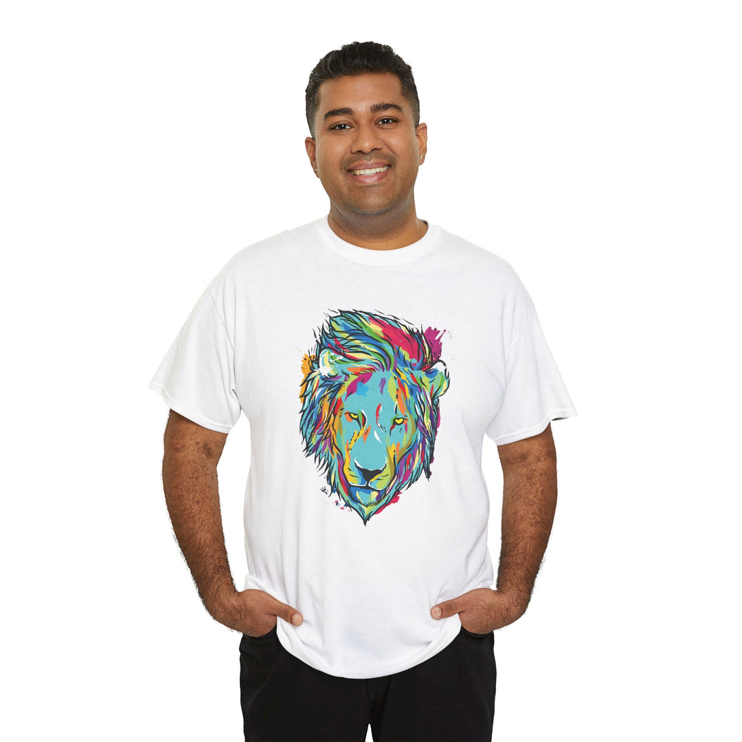 Color Splash Lion Graphic T-Shirt by Printify featuring a vibrant lion design on a casual tee.