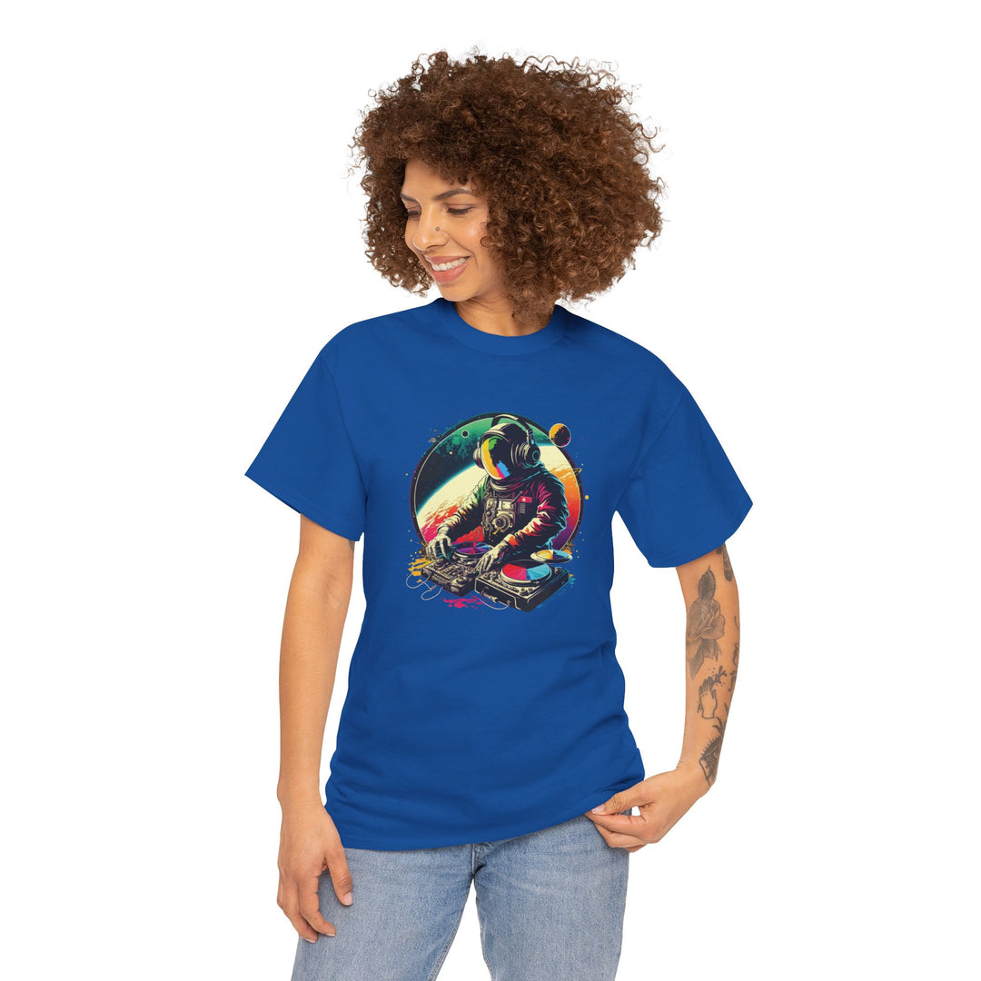 Cosmic DJ Astronaut graphic T-Shirt by Printify featuring a space-themed astronaut design on a casual black tee.