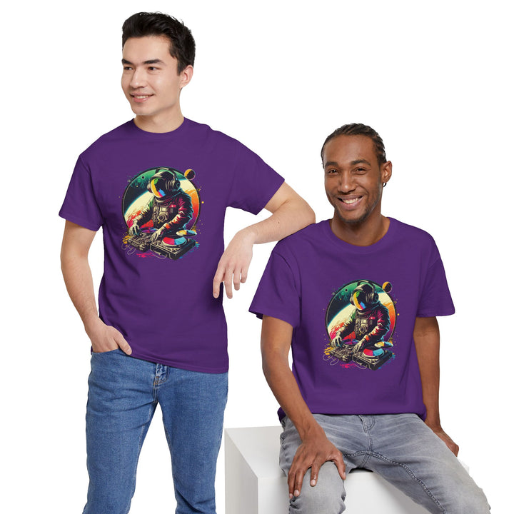 Cosmic DJ Astronaut graphic T-shirt by Printify featuring a space-themed design on a casual men&