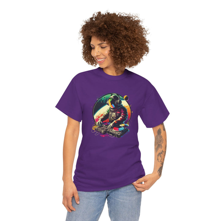 Cosmic DJ Astronaut graphic T-shirt by Printify featuring a space-themed astronaut design on a casual cotton tee.