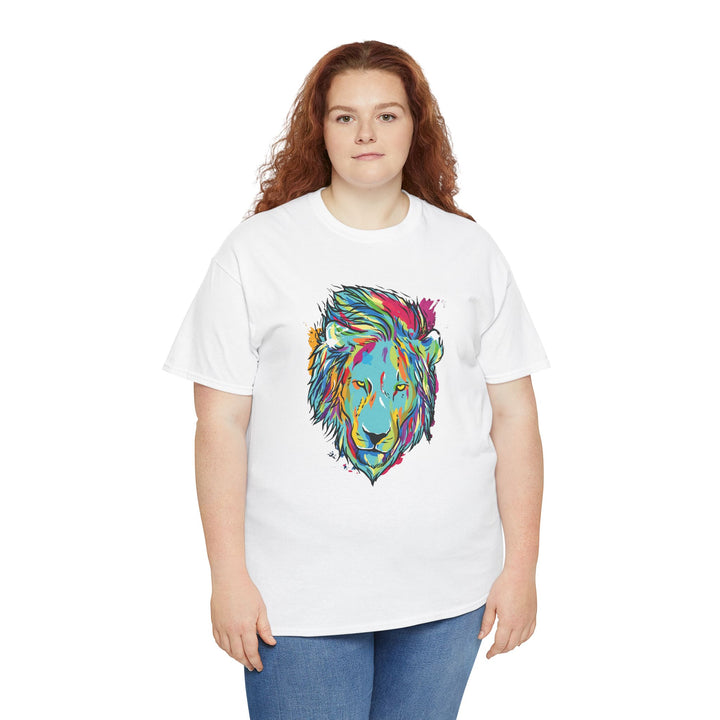 Color Splash Lion Graphic T-Shirt by Printify featuring a vibrant lion design on a casual tee.