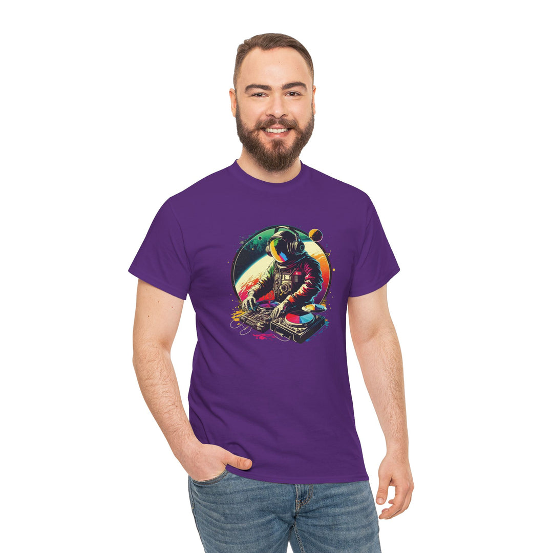Cosmic DJ Astronaut graphic T-shirt by Printify featuring a space-themed design with an astronaut and musical elements.