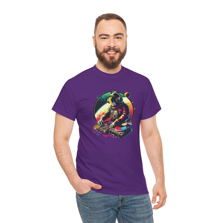 Cosmic DJ Astronaut graphic T-shirt by Printify featuring a space-themed design with an astronaut and musical elements.