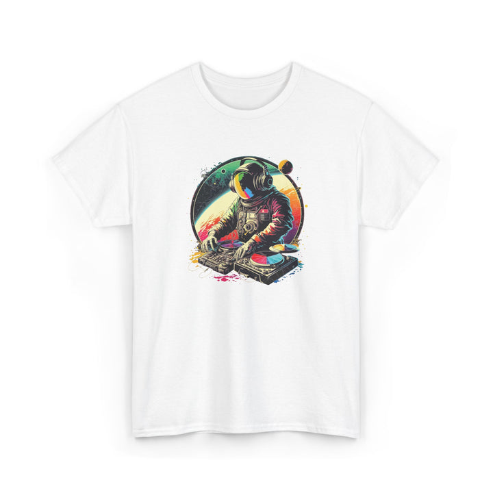 Cosmic DJ Astronaut graphic T-shirt by Printify featuring a space-themed design with an astronaut and musical elements.