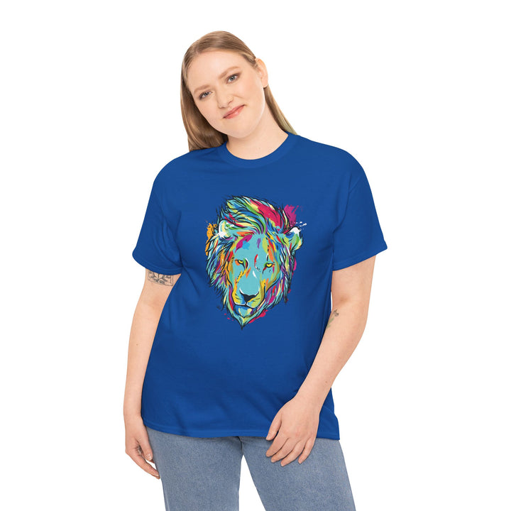 Color Splash Lion Graphic T-Shirt by Printify featuring a vibrant lion design on a soft, casual tee.