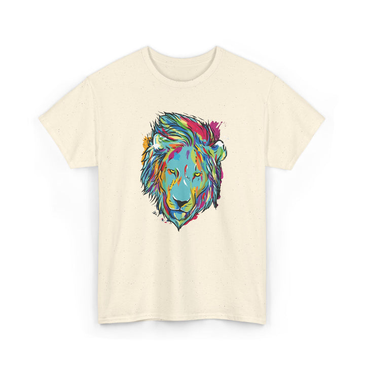 Color Splash Lion Graphic T-Shirt by Printify featuring a vibrant lion design on a soft fabric background.