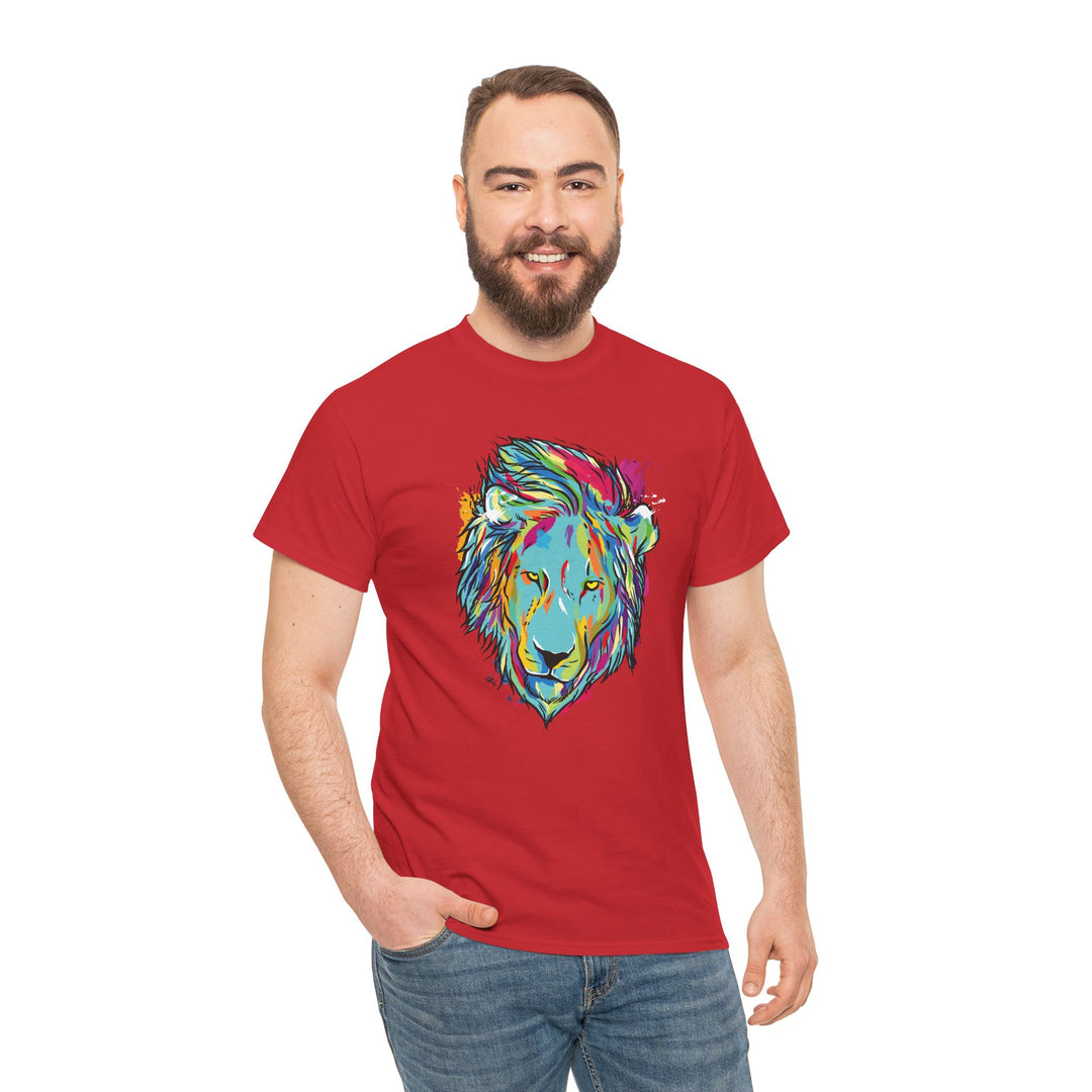 Color Splash Lion Graphic T-Shirt by Printify featuring a vibrant lion design on a casual tee.