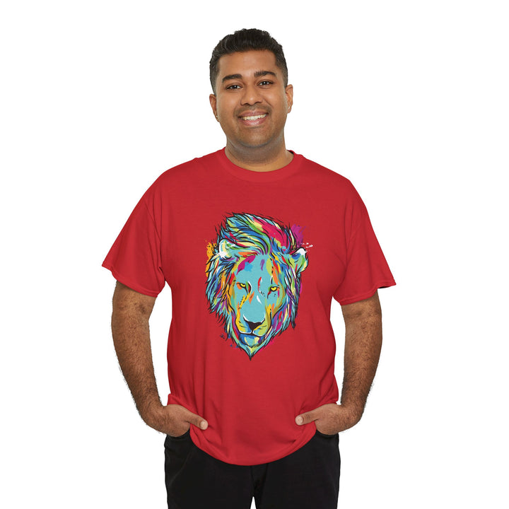 Color Splash Lion Graphic T-Shirt by Printify featuring a vibrant lion design on soft cotton fabric.