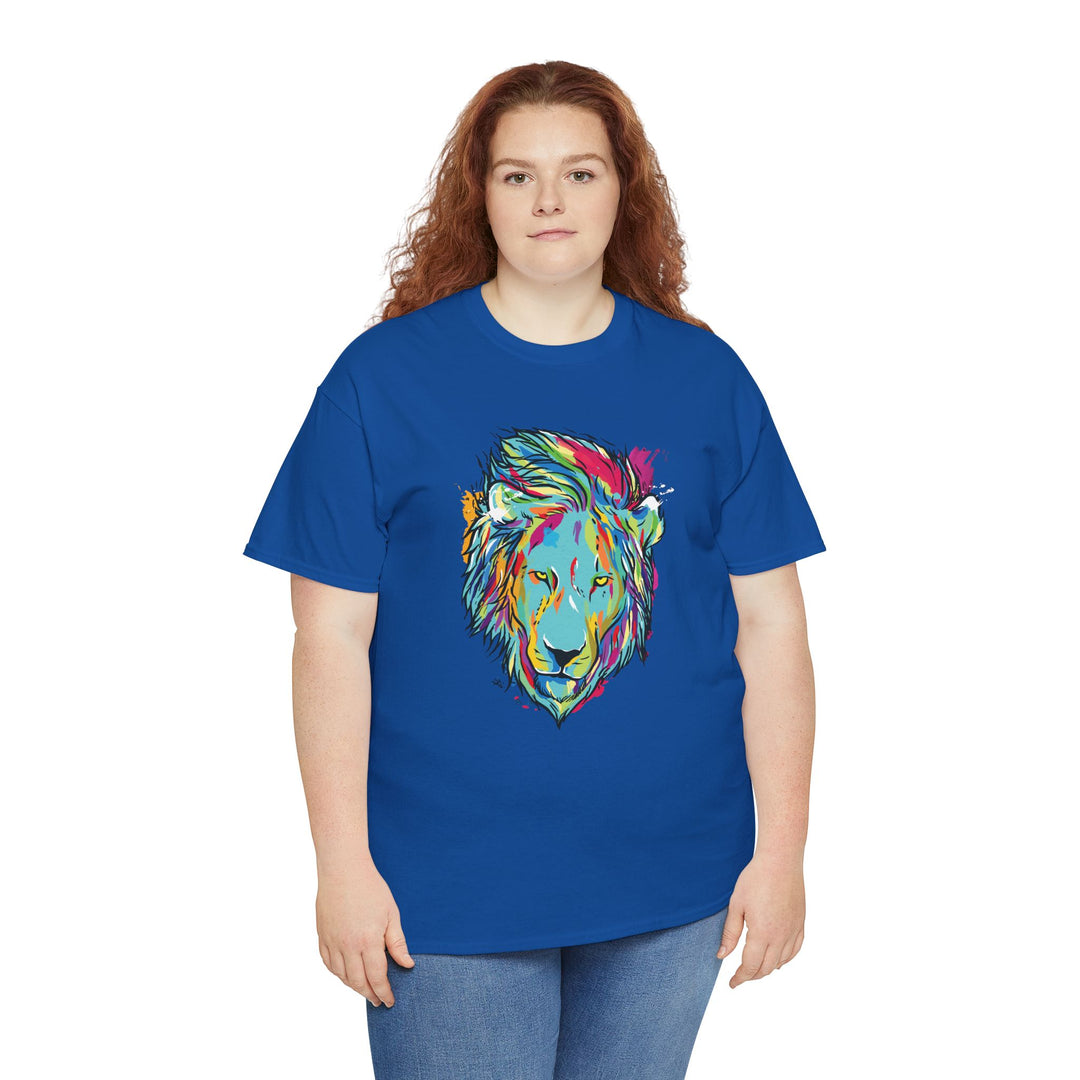 Color Splash Lion Graphic T-Shirt by Printify featuring a vibrant lion design on soft fabric.