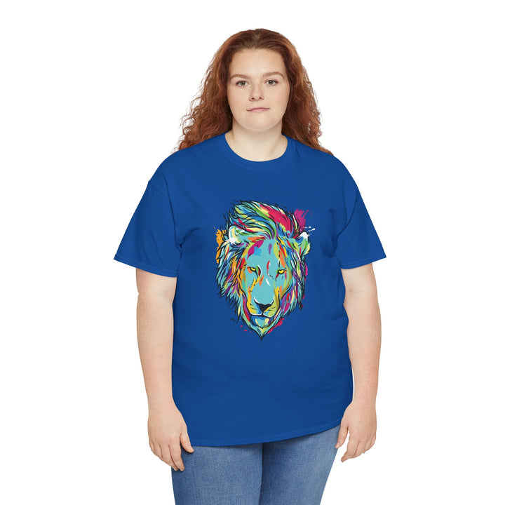 Color Splash Lion Graphic T-Shirt by Printify featuring a vibrant lion design on soft fabric.