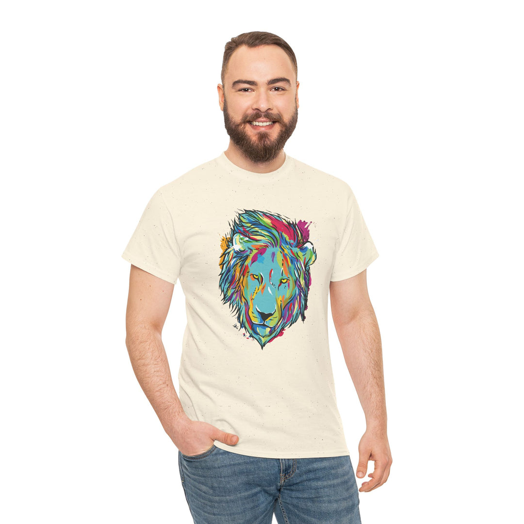 Color Splash Lion Graphic T-Shirt by Printify featuring a vibrant lion design on a soft, casual tee.