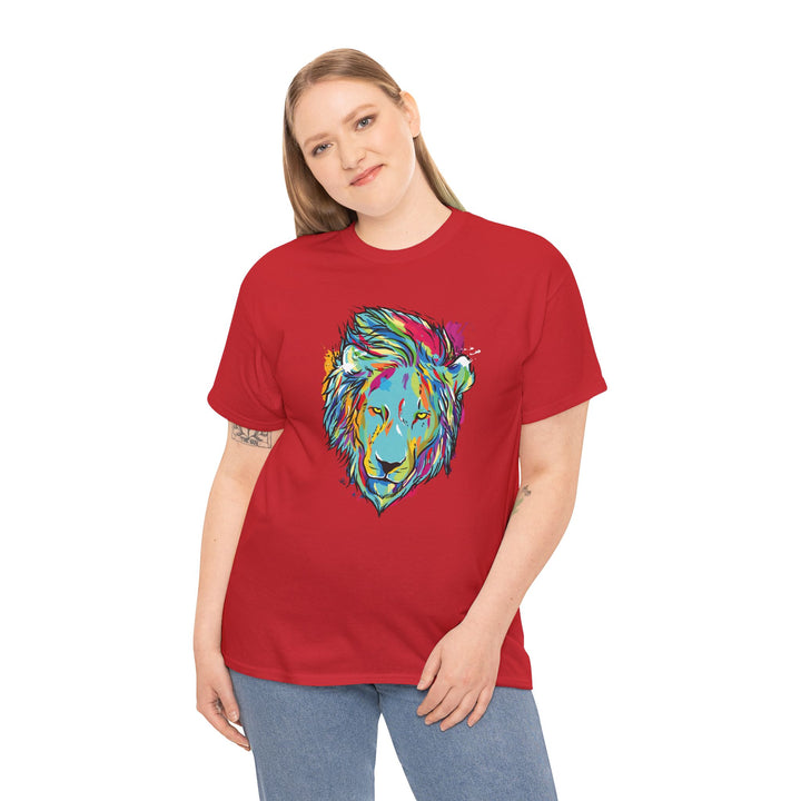 Color Splash Lion Graphic T-Shirt by Printify featuring a vibrant lion design on a casual tee.