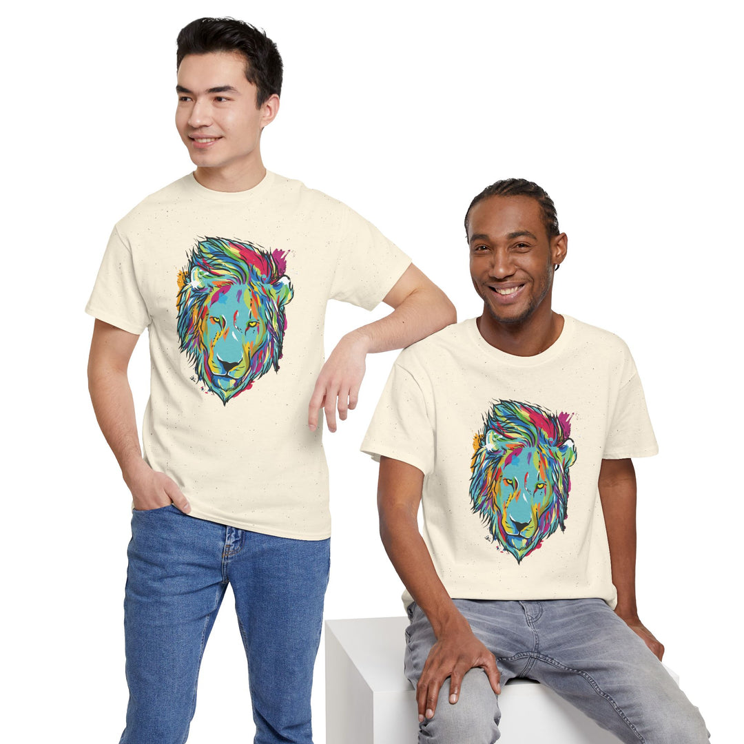 Color Splash Lion graphic T-Shirt by Printify featuring a vibrant lion design on a casual tee.