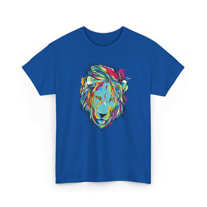 Color Splash Lion Graphic T-Shirt by Printify featuring a vibrant lion design on a casual tee.