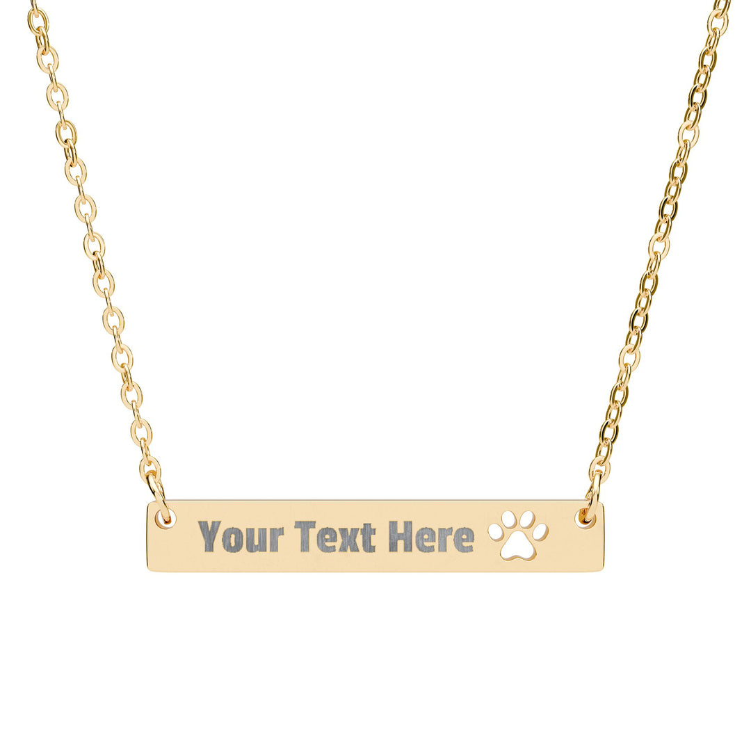 Silver engraved paw print cutout bar necklace from Printify, featuring a sleek pendant with paw print design on a chain.