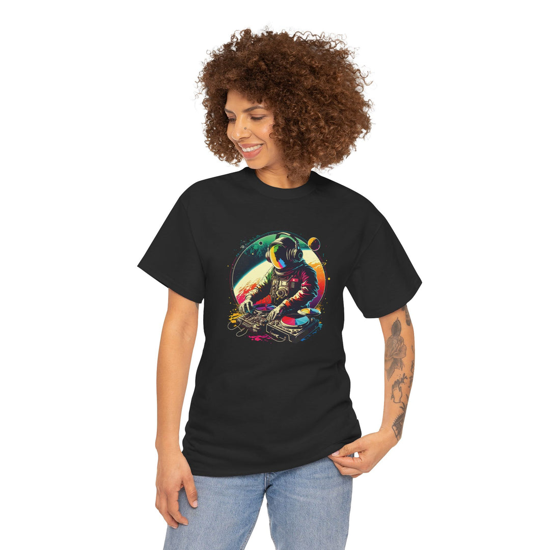 Black Cosmic DJ Astronaut graphic T-shirt by Printify featuring a space-themed astronaut design on soft fabric.