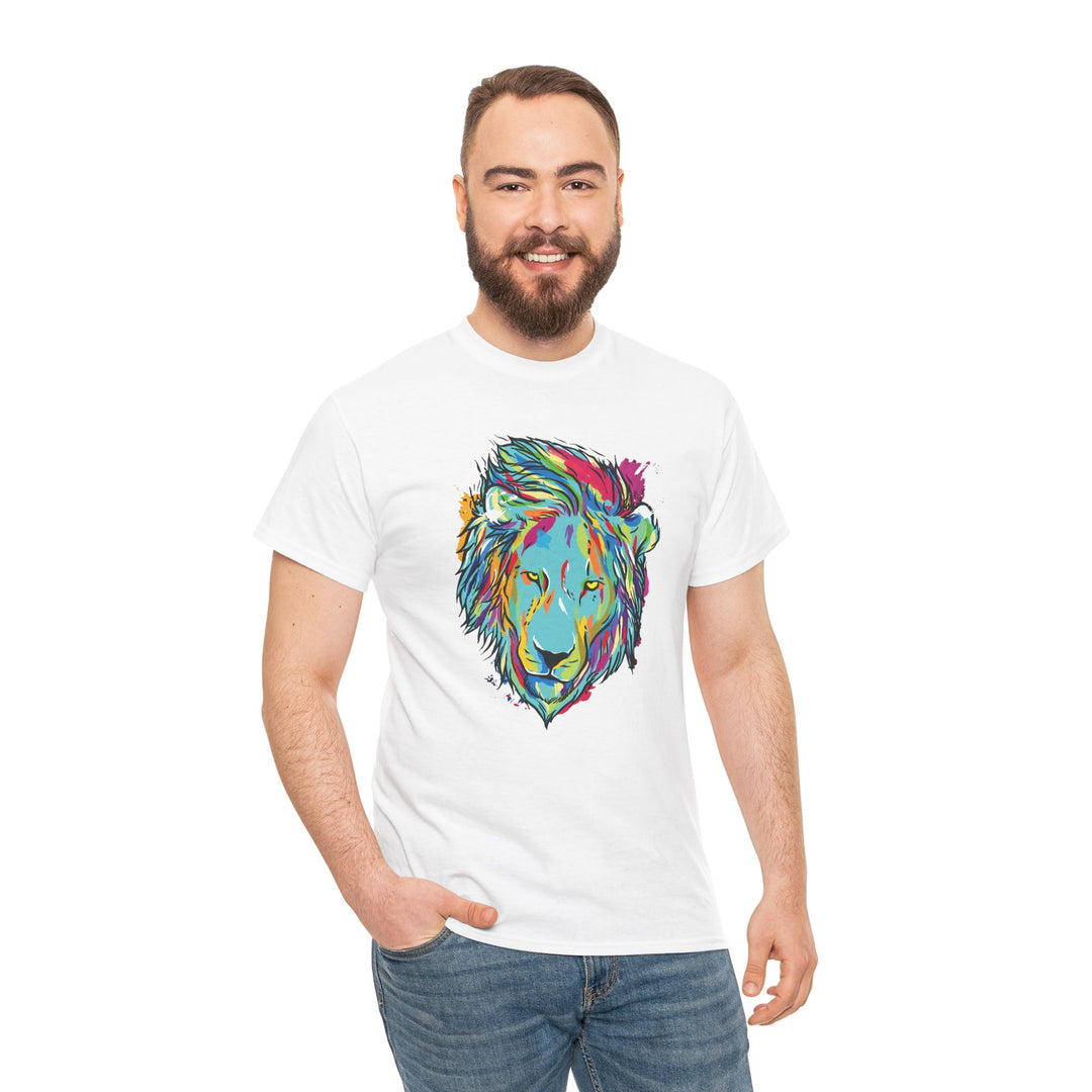 Color Splash Lion Graphic T-Shirt by Printify featuring a vibrant lion illustration on soft fabric.