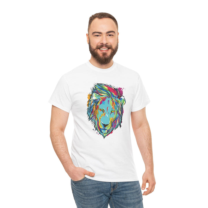 Color Splash Lion Graphic T-Shirt by Printify featuring a vibrant lion illustration on soft fabric.