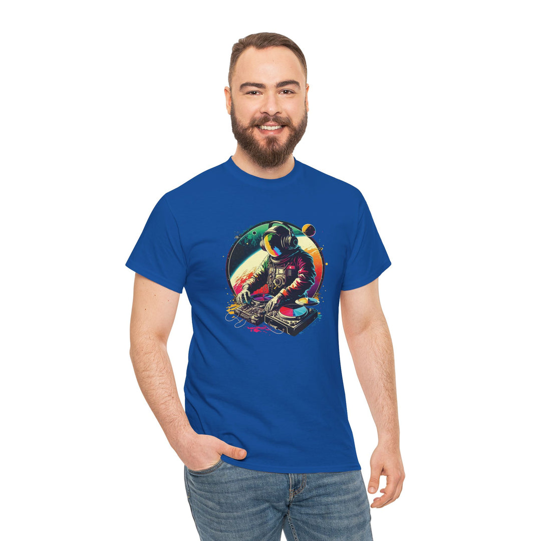 Cosmic DJ astronaut graphic T-shirt by Printify featuring a space-themed design with a DJ in space attire.