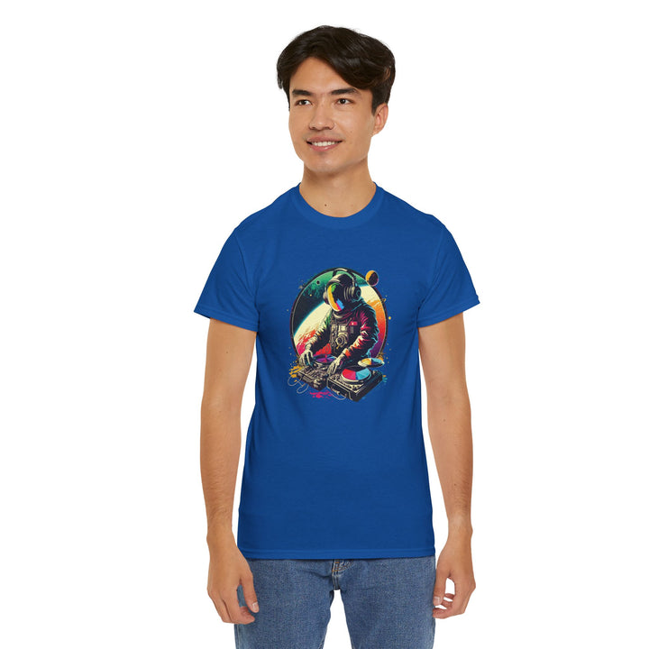 Cosmic DJ Astronaut graphic T-shirt by Printify featuring a space-themed astronaut design on a casual cotton tee.