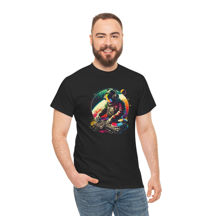 Cosmic DJ Astronaut graphic T-shirt by Printify featuring a space-themed design with a DJ astronaut illustration.