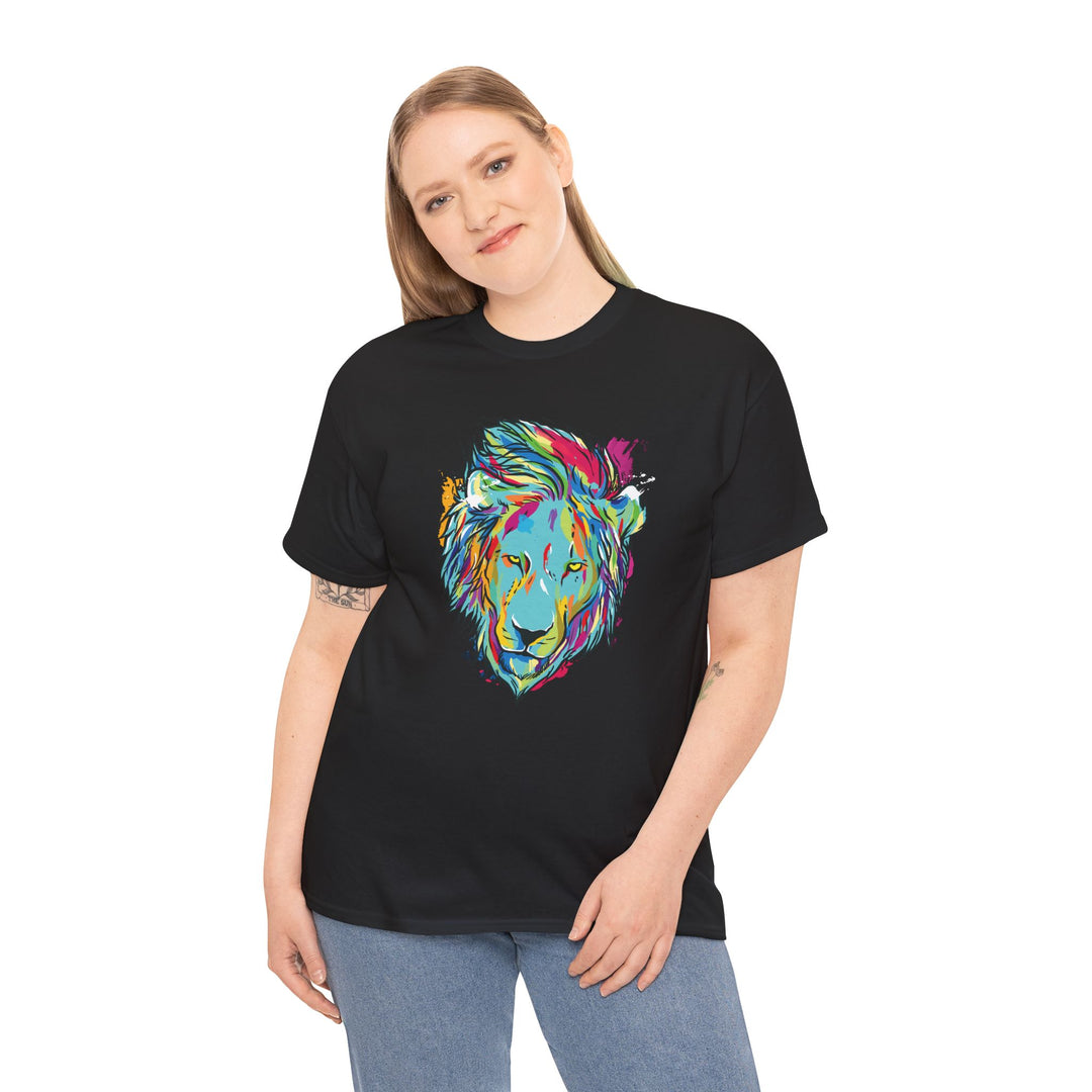 Color Splash Lion Graphic T-Shirt by Printify featuring a vibrant lion print on a soft fabric.