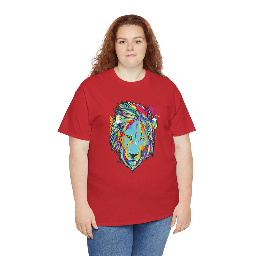 Color Splash Lion Graphic T-Shirt by Printify featuring a vibrant lion design on a comfortable fabric.
