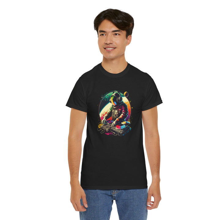 Cosmic DJ Astronaut graphic T-shirt by Printify featuring a space-themed design with an astronaut and musical elements.