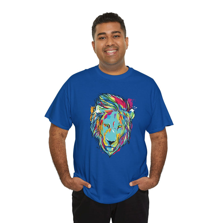 Color Splash Lion Graphic T-Shirt by Printify featuring a vibrant lion design on a casual, comfortable tee.