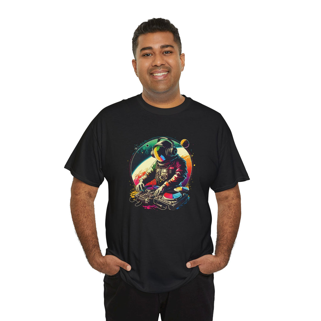 Cosmic DJ Astronaut graphic T-shirt featuring space-themed design on a black cotton fabric shirt, by Printify.