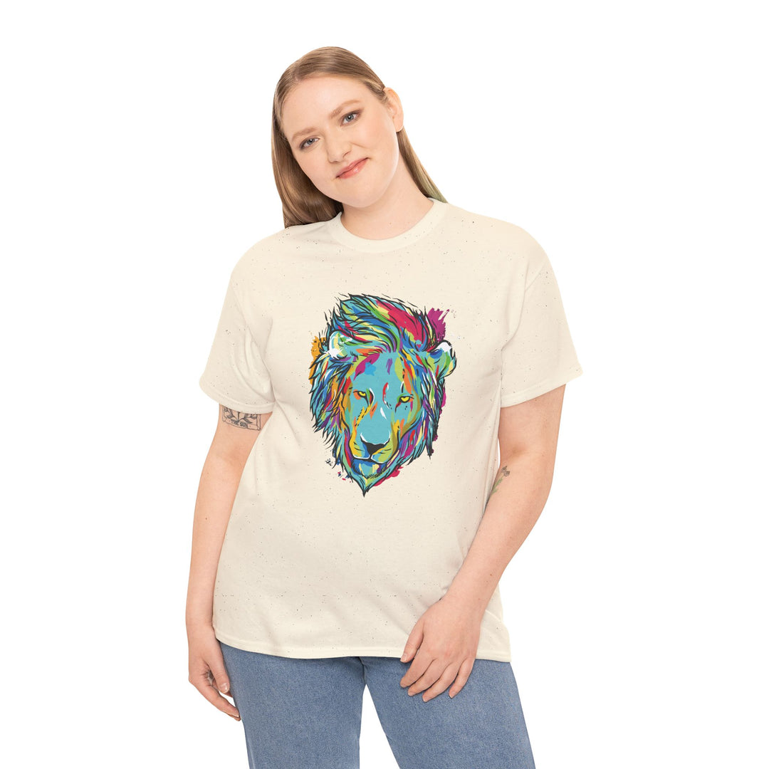 Color Splash Lion Graphic T-Shirt by Printify featuring a vibrant lion design on a casual t-shirt.