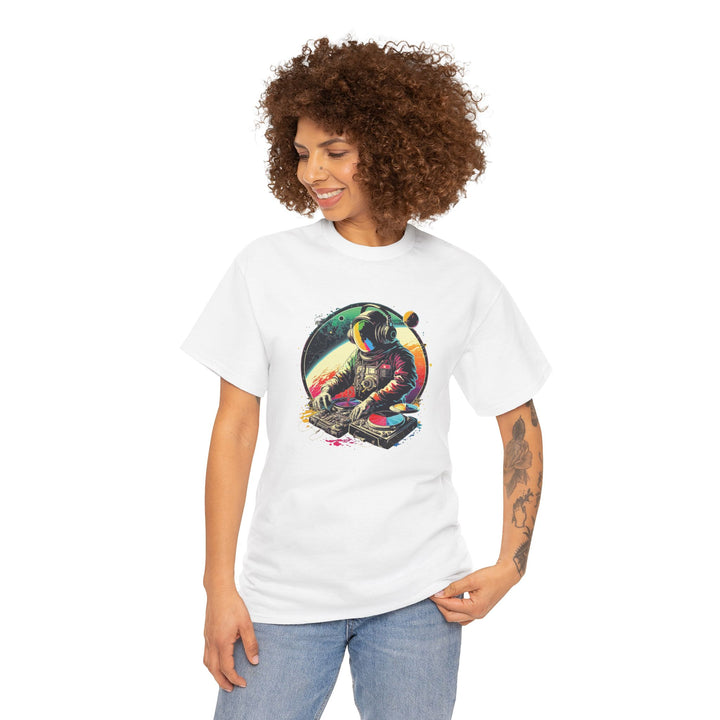 Cosmic DJ Astronaut graphic T-shirt by Printify featuring a space-themed design with an astronaut and musical elements.