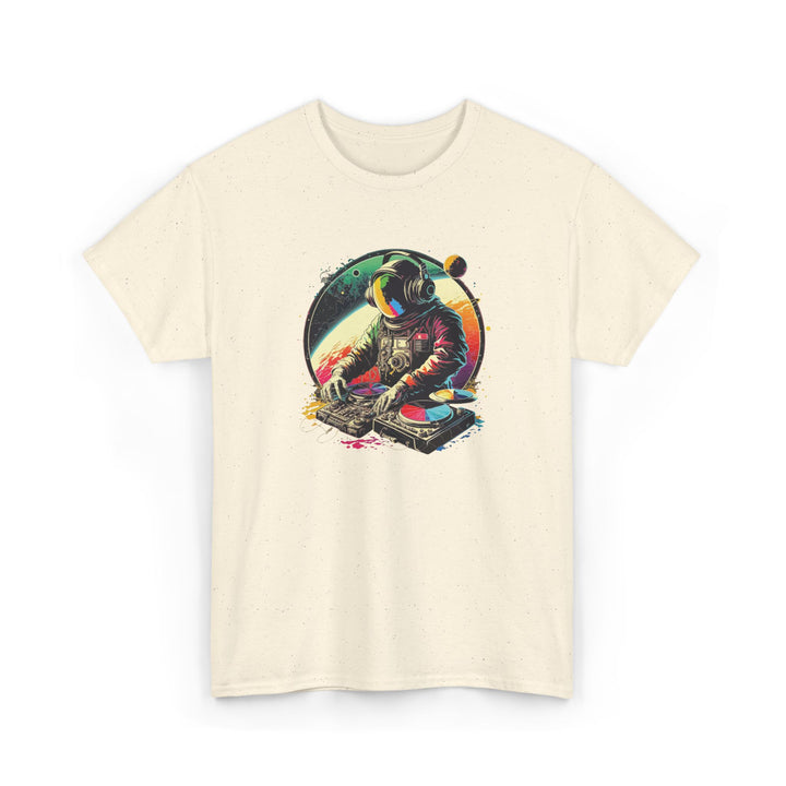 Black Cosmic DJ Astronaut graphic T-shirt by Printify featuring a space-themed astronaut design on soft cotton fabric.