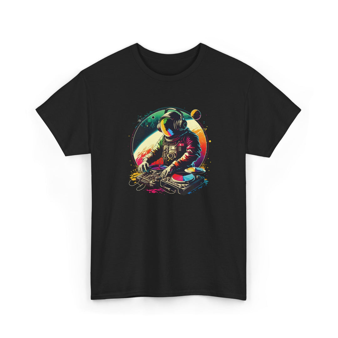 Cosmic DJ Astronaut graphic T-shirt by Printify featuring a space-themed astronaut design on a casual black T-shirt.
