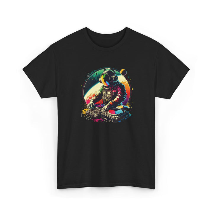 Cosmic DJ Astronaut graphic T-shirt by Printify featuring a space-themed astronaut design on a casual black T-shirt.