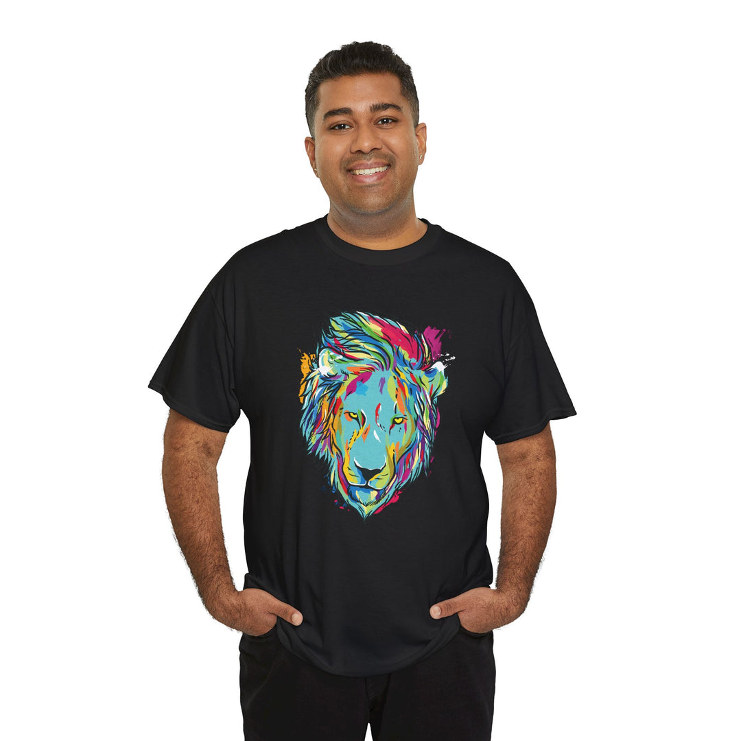 Color Splash Lion Graphic T-Shirt by Printify featuring a vibrant lion design on a stylish tee.
