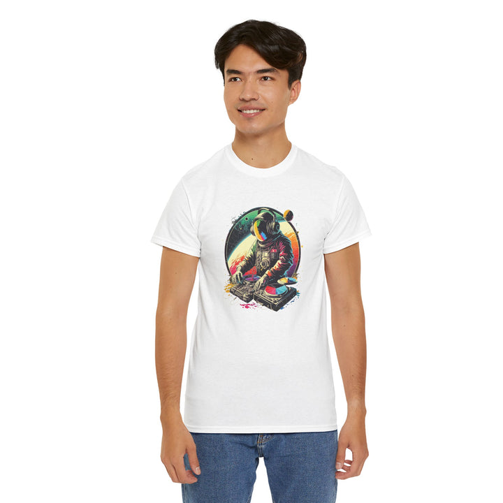 Cosmic DJ Astronaut graphic T-shirt by Printify featuring a space-themed astronaut design on a casual tee.