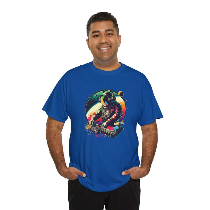 Cosmic DJ Astronaut graphic T-shirt featuring space-themed design and vibrant colors, casual men&