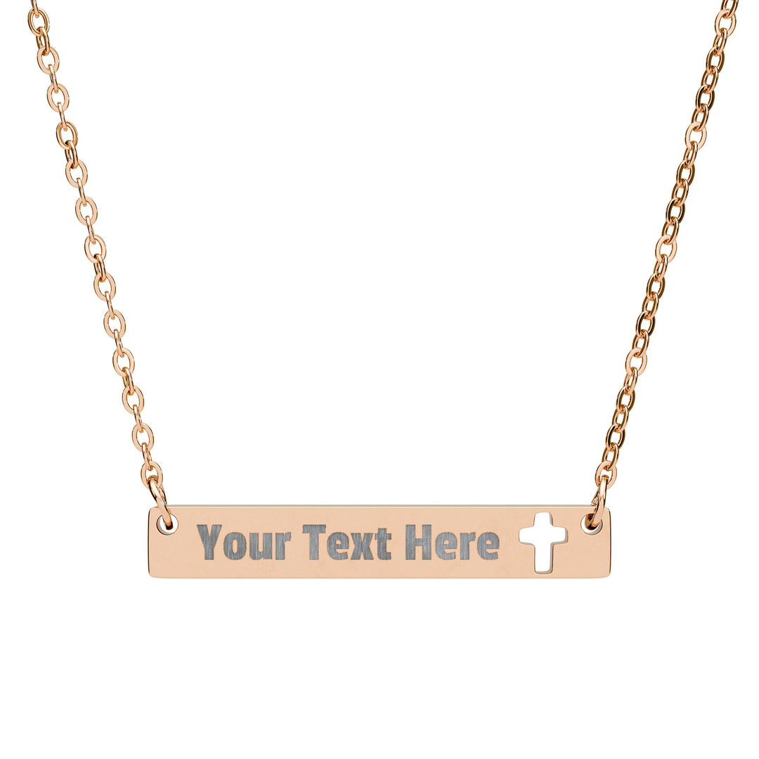 Engraved cross cutout bar necklace from Printify, showcasing a sleek silver chain with a detailed engraved cross pendant.